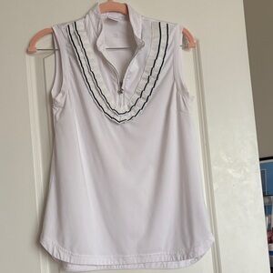 Tennis Sleeveless White Top with Navy Accents and ruffles